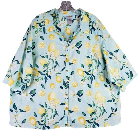 Catherines Shirt Womens Size 2X 22/24 Lemons Linen 3/4 Sleeve Button Up Teal - Picture 2 of 8